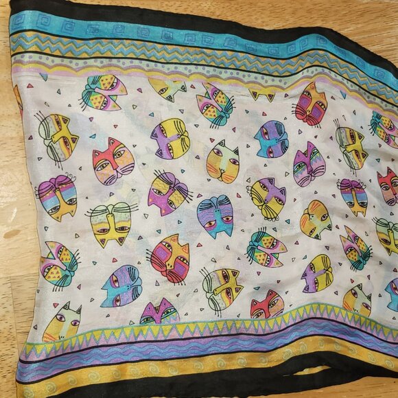 Vintage Laurel Burch Silk Scarf Wrap 10x50" Colorful Blue Purple Yellow Cats - Picture 5 of 8